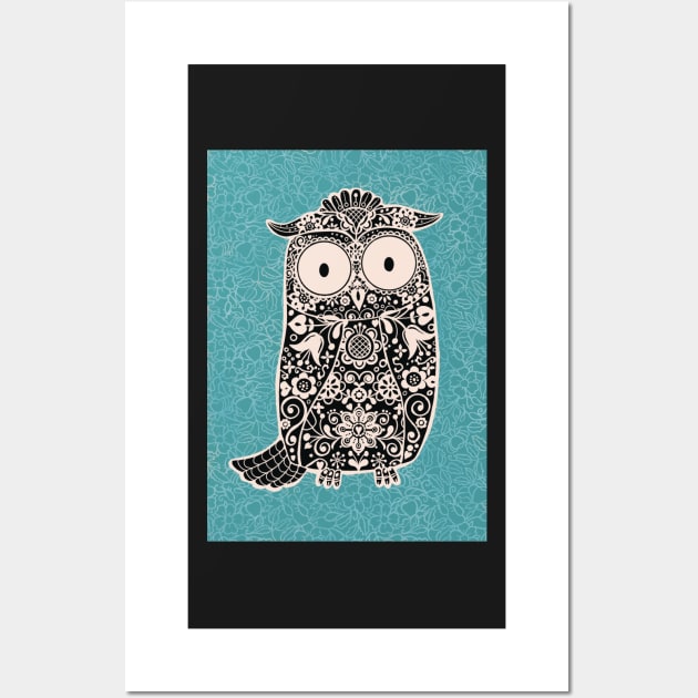 Black and White Folk Art Owl on Teal floral background Wall Art by NattyDesigns